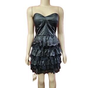Janet Paris Women's Dress M Sun USA Black Layers Faux Leather Strapless NWT #C7